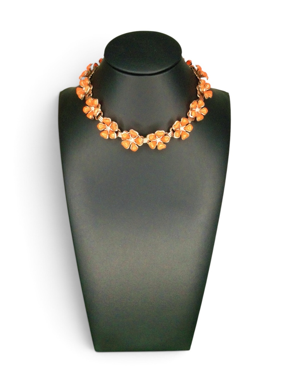 Vintage Orange Thermoset & Rhinestone Brass-Tone Floral Statement Necklace - Picture 4 of 14